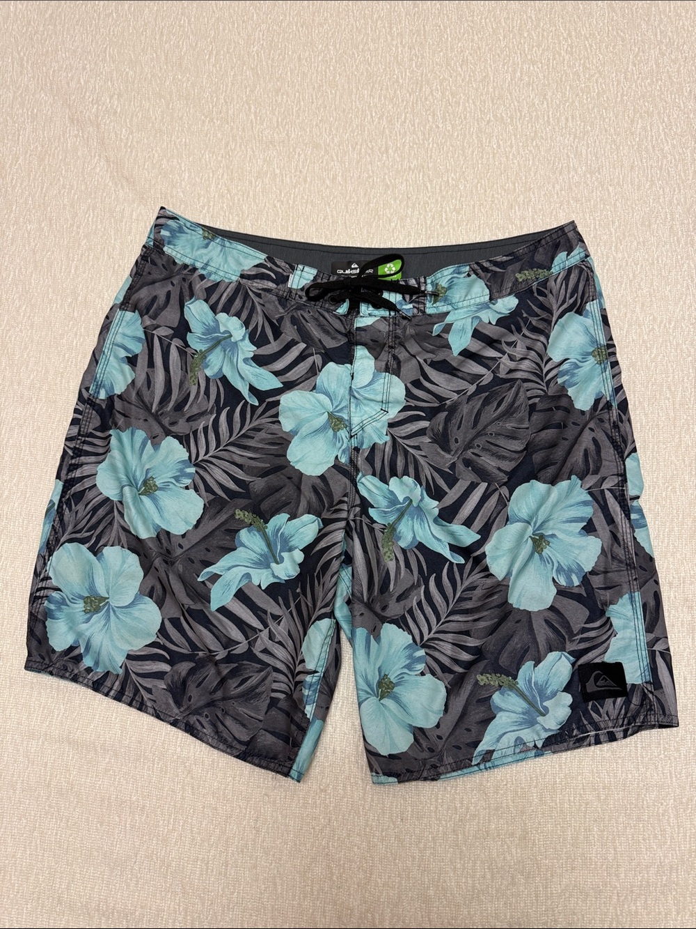 Quiksilver Men's Black Swim Shorts with Light Blue Floral Print